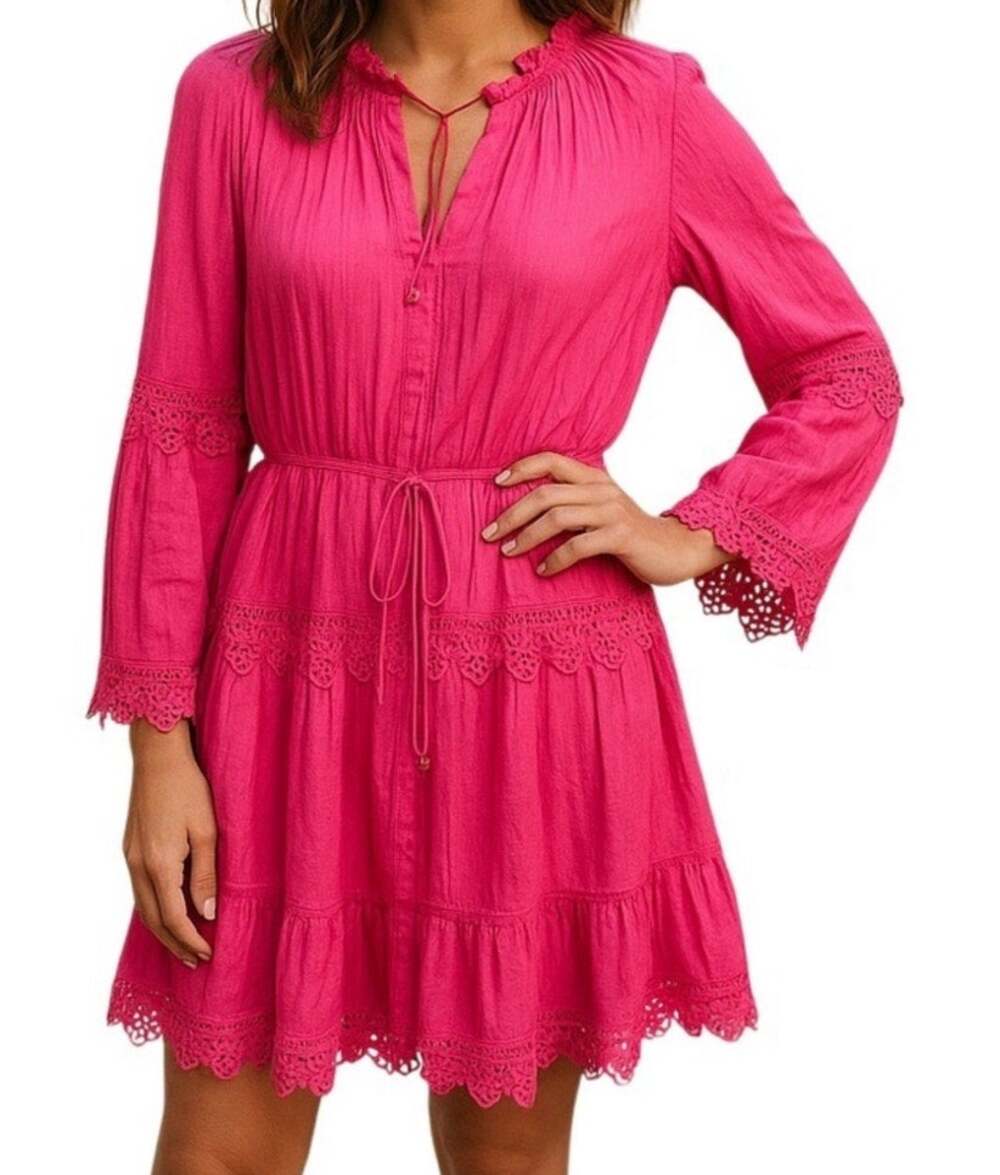Bcbgmaxazria hot pink 6 lace crochet trim tie neck shift dress boho NWT $368